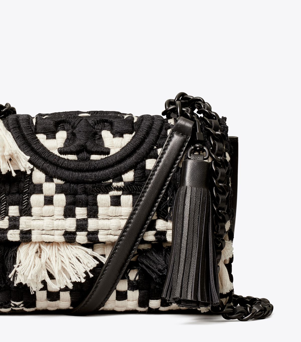 Tory Burch Black / White Small Fleming Tweed Convertible Shoulder Bags