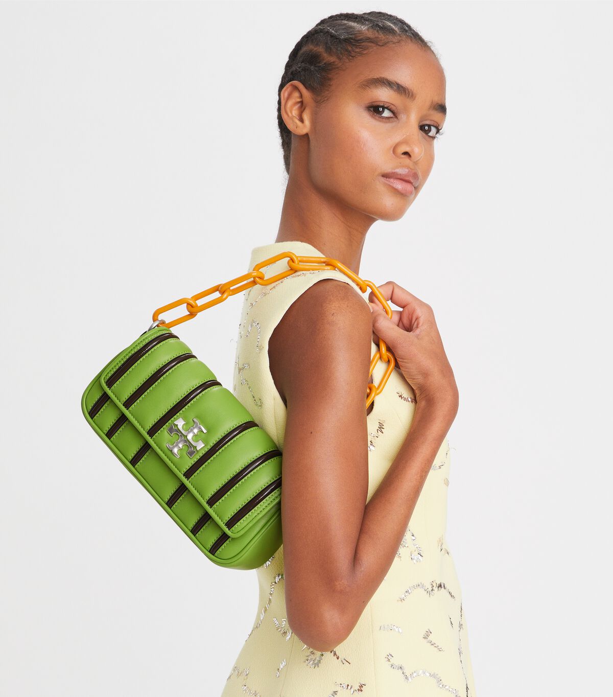 Tory Burch Brown Small Kira Bombé Stripe Flap Shoulder Bags