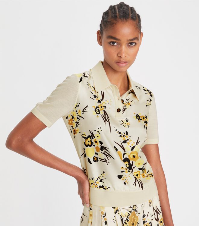 Tory Burch Cream Silk-front Polo Shirts