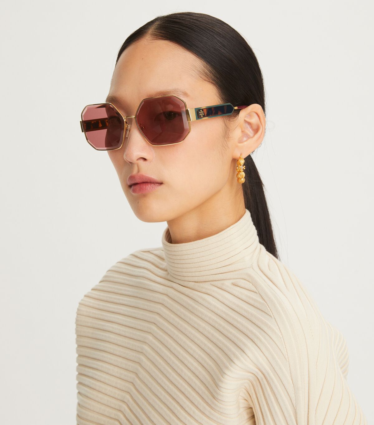 Tory Burch Gold / AZURE Kira Faceted Geometric Sunglasses