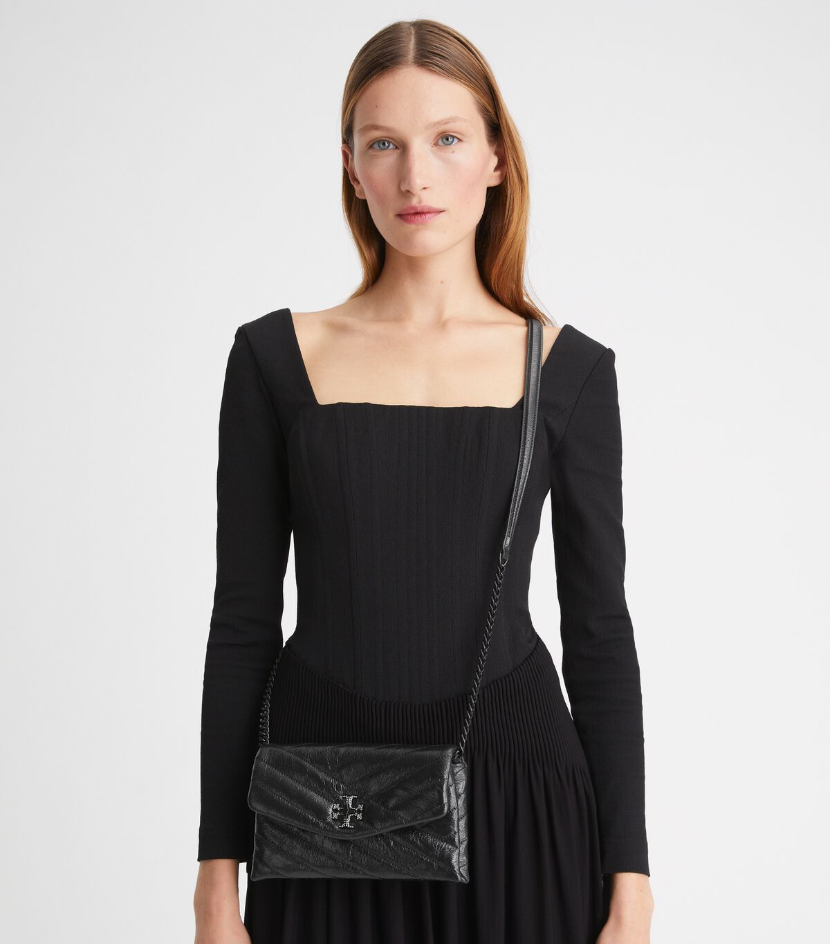 Tory Burch Black Kira Chevron Metallic Pave Logo Crossbody Bags