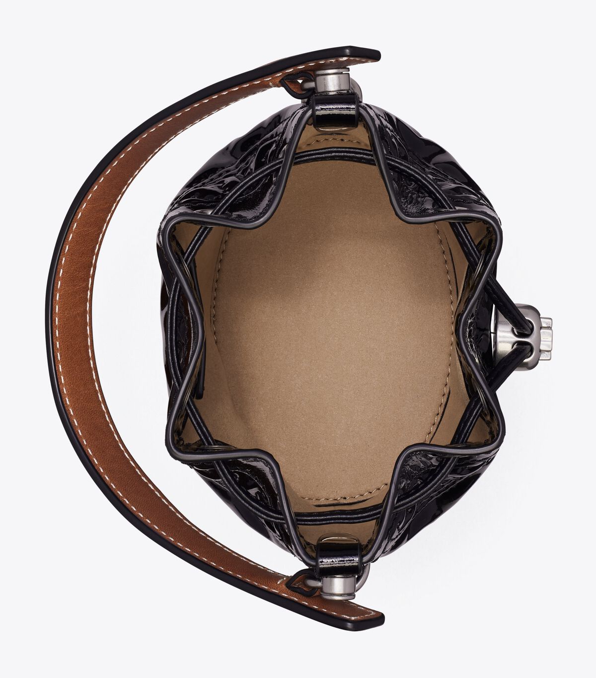 Tory Burch Black Mini T Monogram Embroidered Patent Bucket Bags
