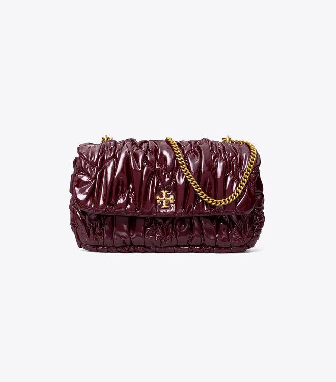 Tory Burch Burgundy Mini Kira Patent Ruched Shoulder Bags