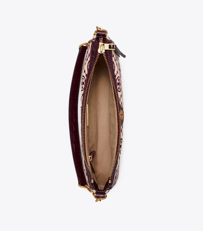 Tory Burch Claret / Cream T Monogram Chenille Shoulder Bags