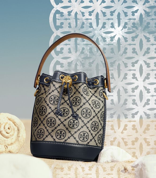 Tory Burch Navy Mini T Monogram Bucket Bags