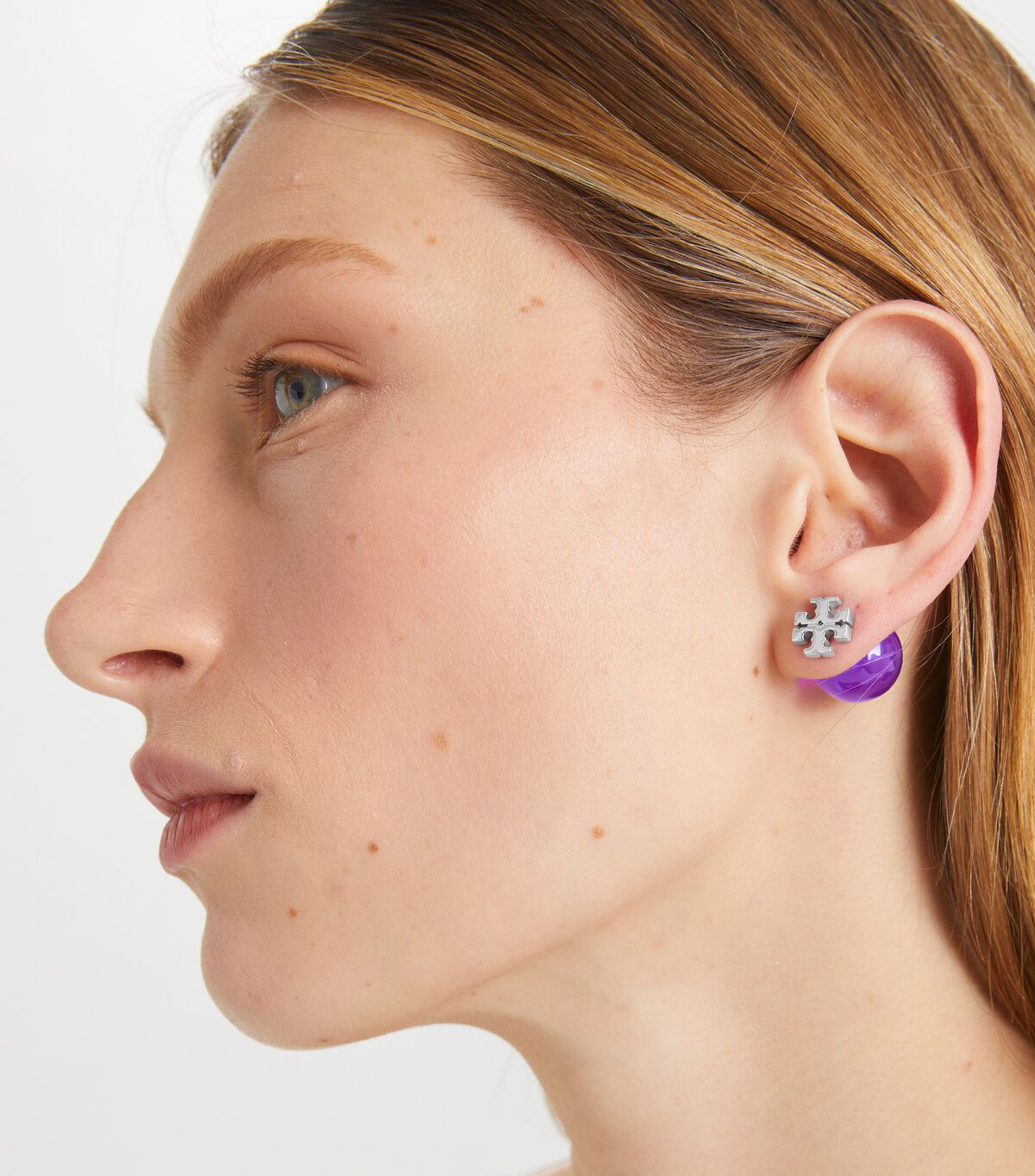 Tory Burch Silver / Purple Resin Logo Double-stud Earrings