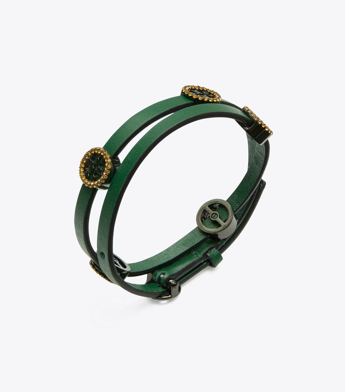 Tory Burch Dark Green Miller Pavé Double-wrap Leather Bracelet