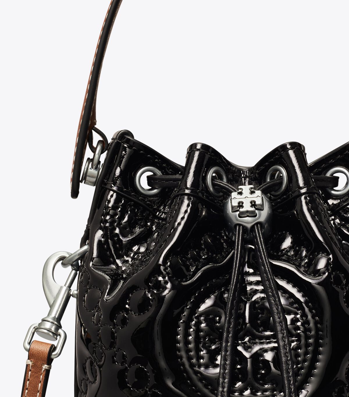 Tory Burch Black Mini T Monogram Embroidered Patent Bucket Bags