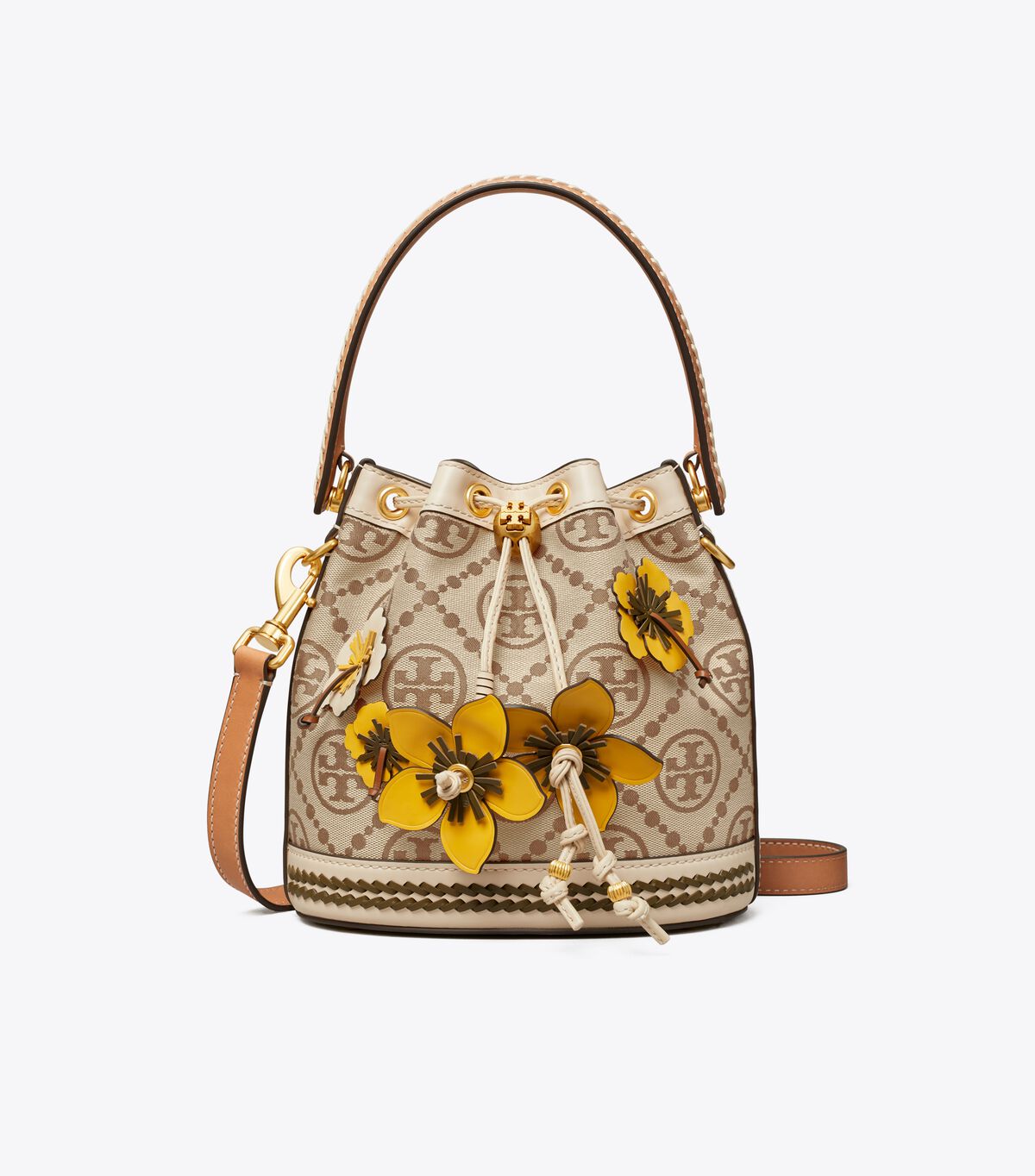 Tory Burch Brown T Monogram Braided Floral Bucket Bags