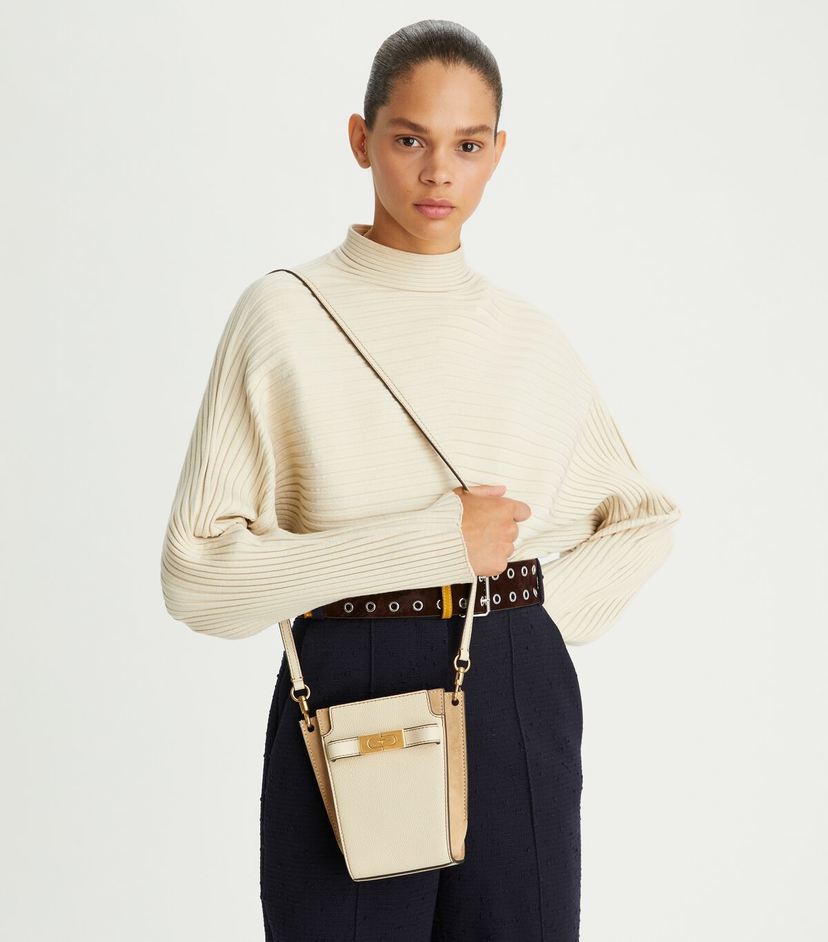 Tory Burch Beige Petite Lee Radziwill Pebbled Double Bucket Bags