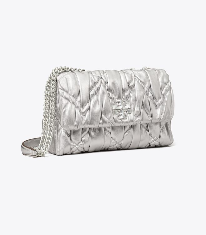 Tory Burch Silver Small Kira Metallic Diamond Ruched Convertible Shoulder Bags