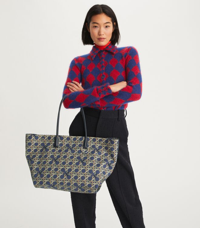 Tory Burch Navy Canvas Basketweave Tote Bags