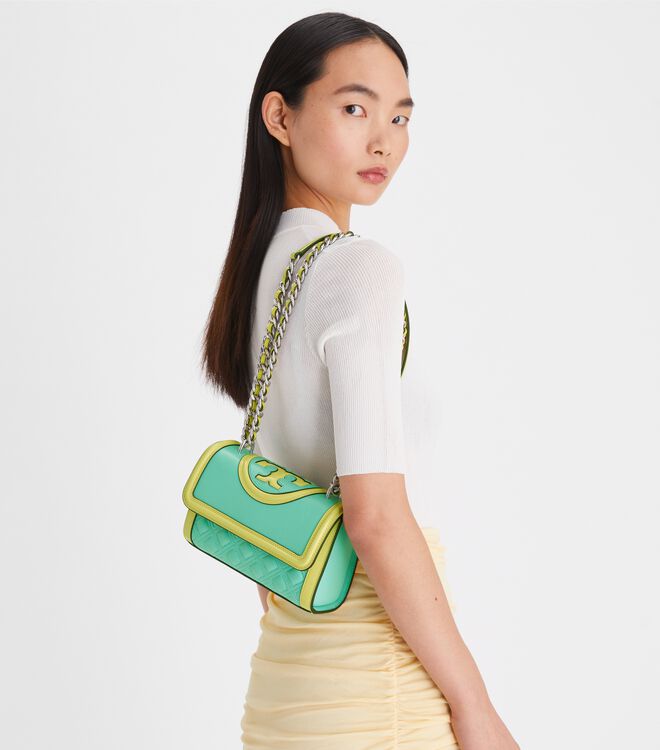 Tory Burch Turquoise / Lemon Small Fleming Patent Border Convertible Shoulder Bags