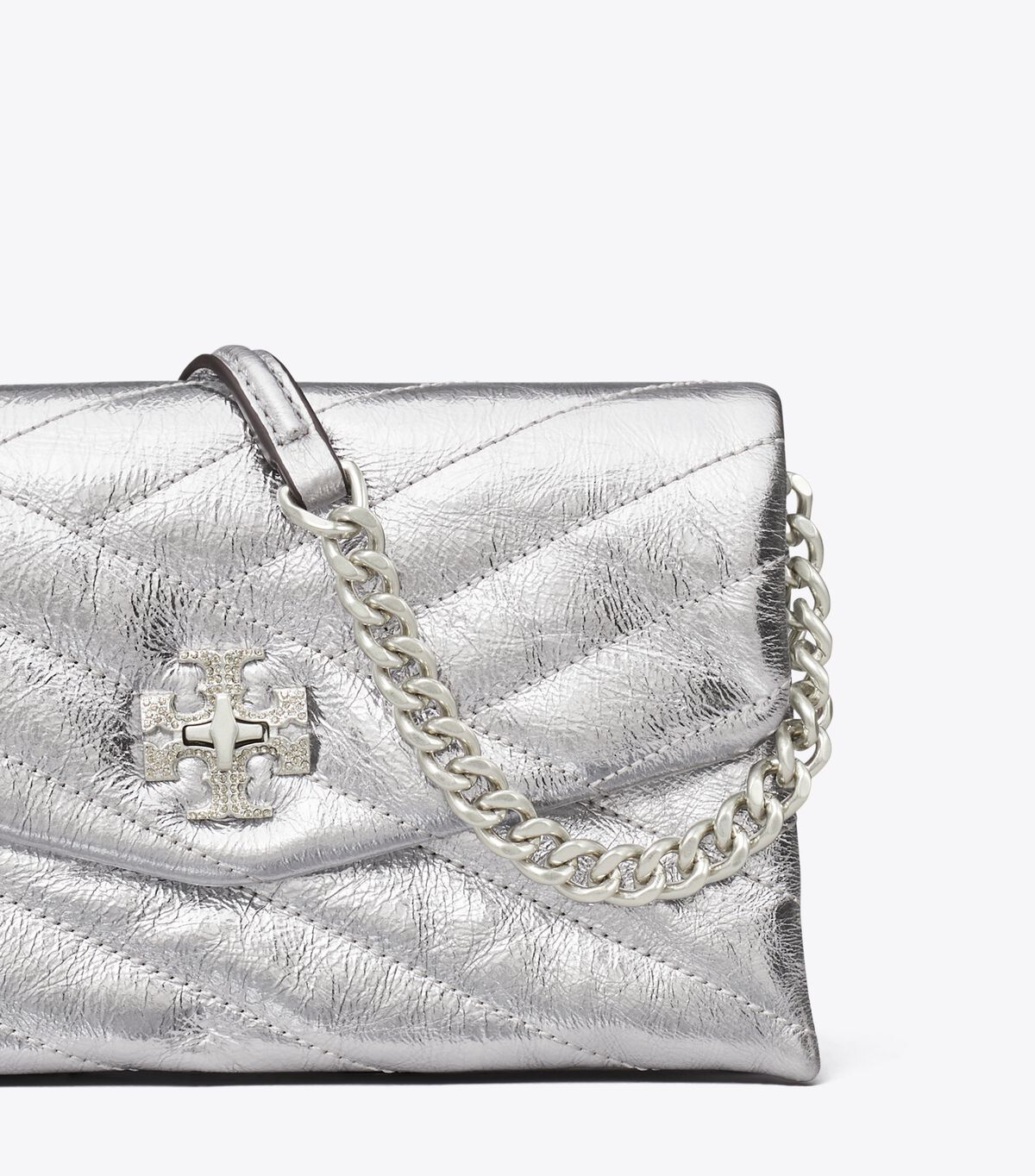 Tory Burch Silver Kira Chevron Metallic Pave Logo Crossbody Bags