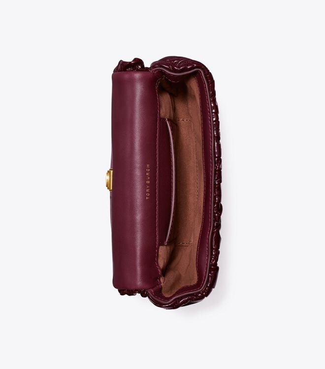Tory Burch Burgundy Mini Kira Patent Ruched Shoulder Bags