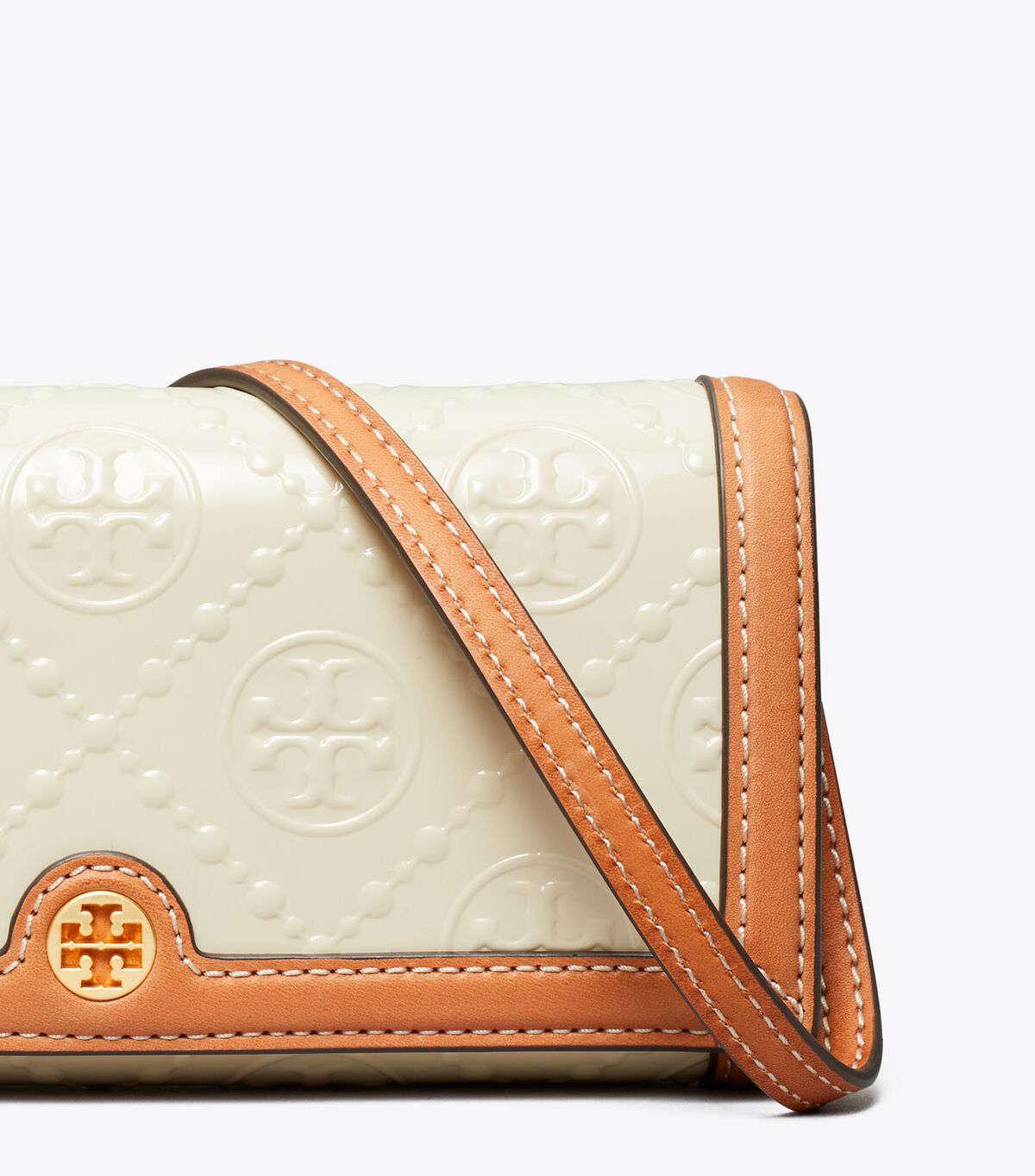 Tory Burch Khaki T Monogram Patent Crossbody Bags