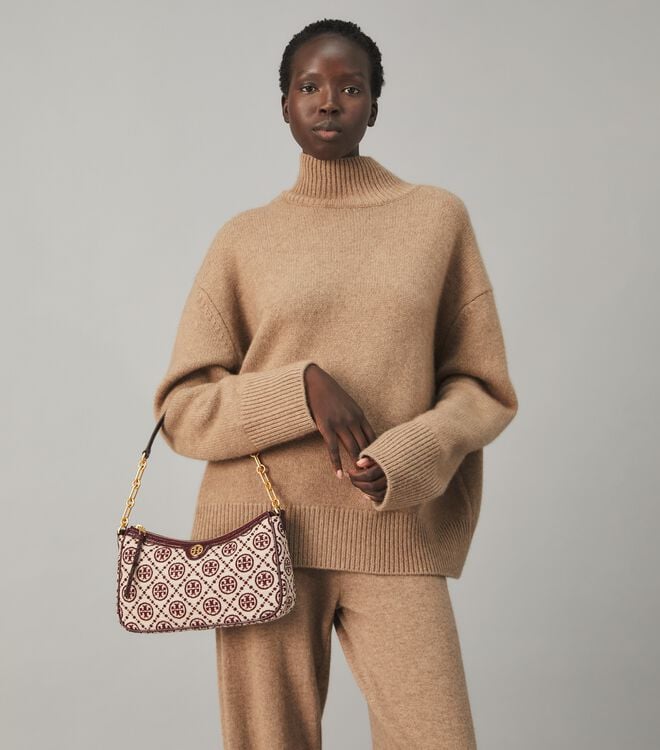 Tory Burch Claret / Cream T Monogram Chenille Shoulder Bags