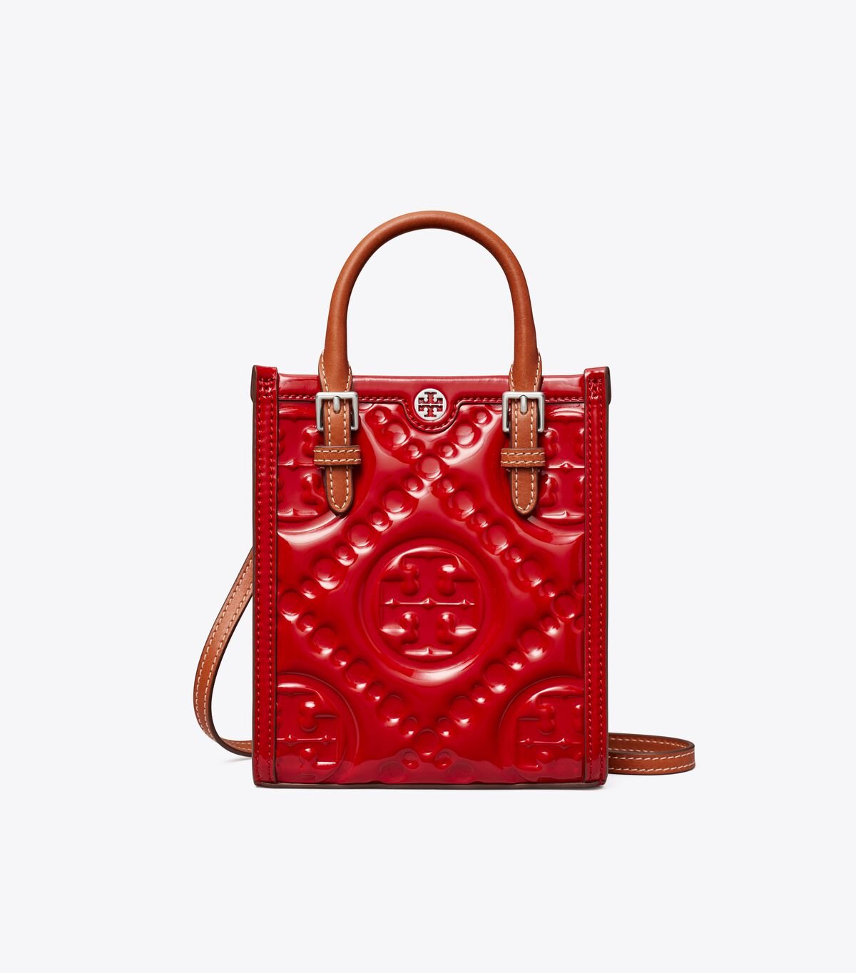 Tory Burch Red Mini T Monogram Embossed Patent Tote Bags