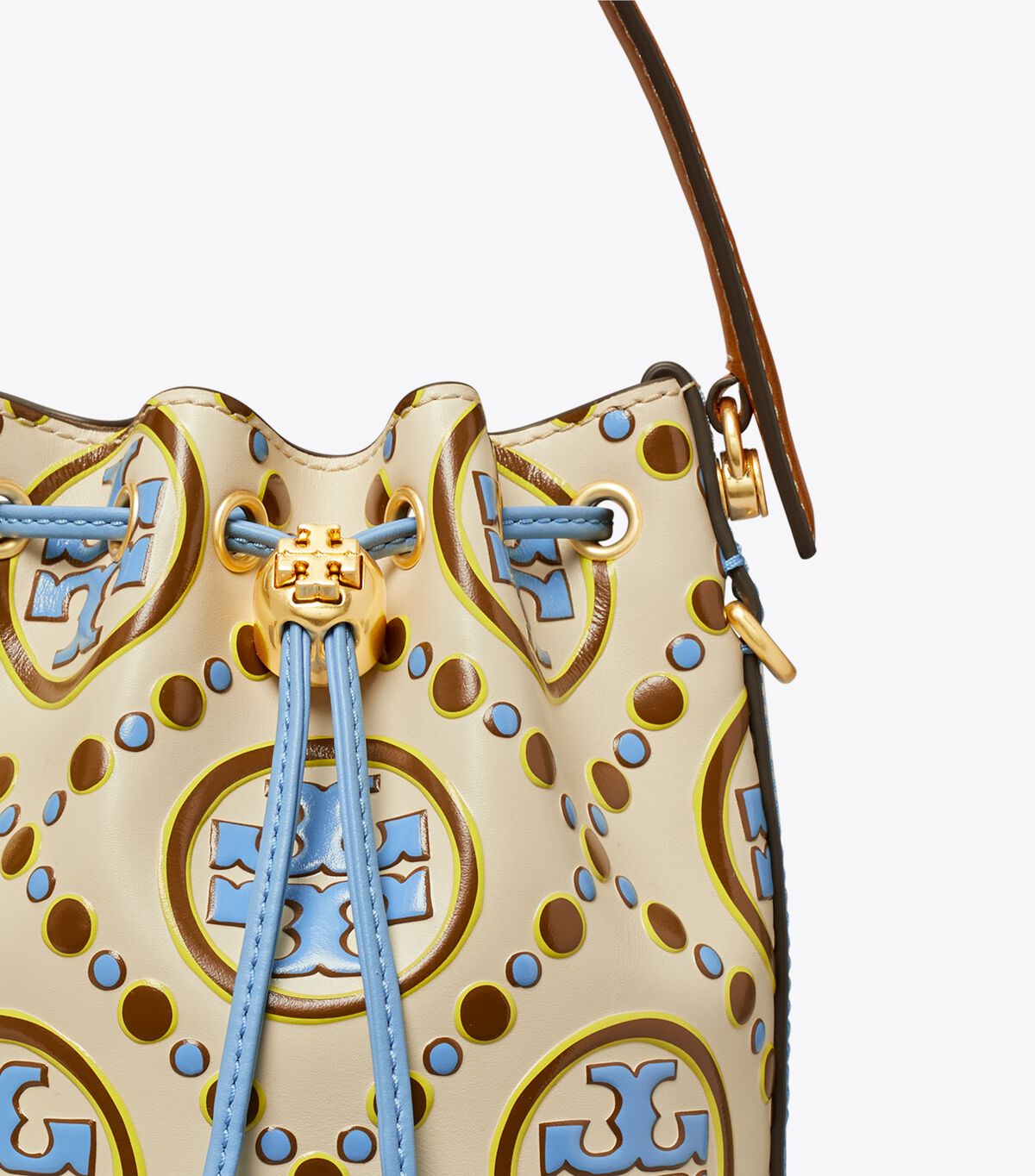Tory Burch White / Blue Mini T Monogram Contrast Embossed Bucket Bags