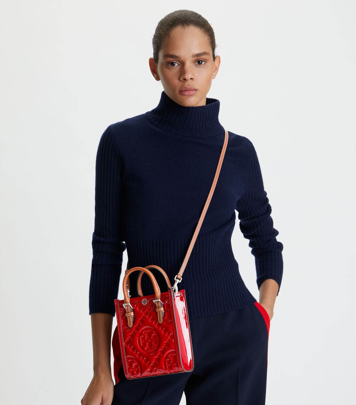 Tory Burch Red Mini T Monogram Embossed Patent Tote Bags