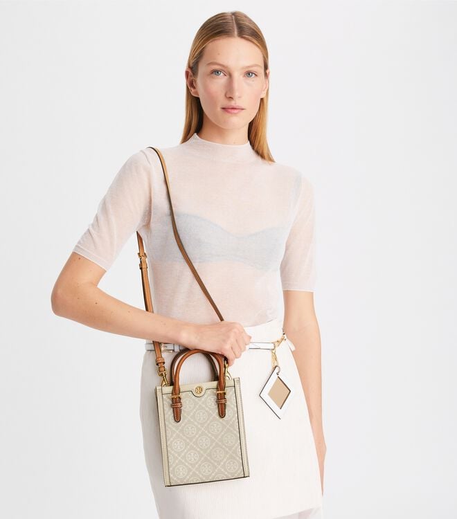 Tory Burch Beige Mini T Monogram Tote Bags