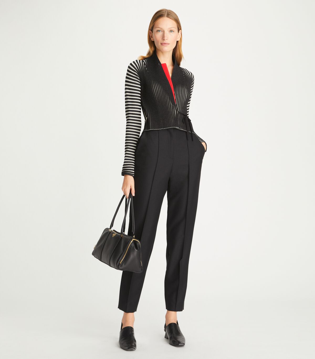 Tory Burch Black / Flower Plaited Rib Shawl Cardigan