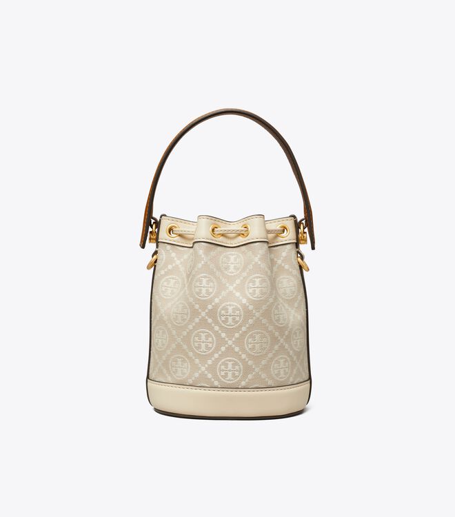 Tory Burch Beige Mini T Monogram Bucket Bags