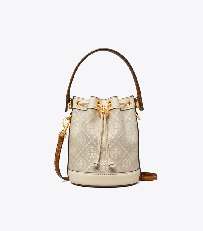 Tory Burch Beige Mini T Monogram Bucket Bags