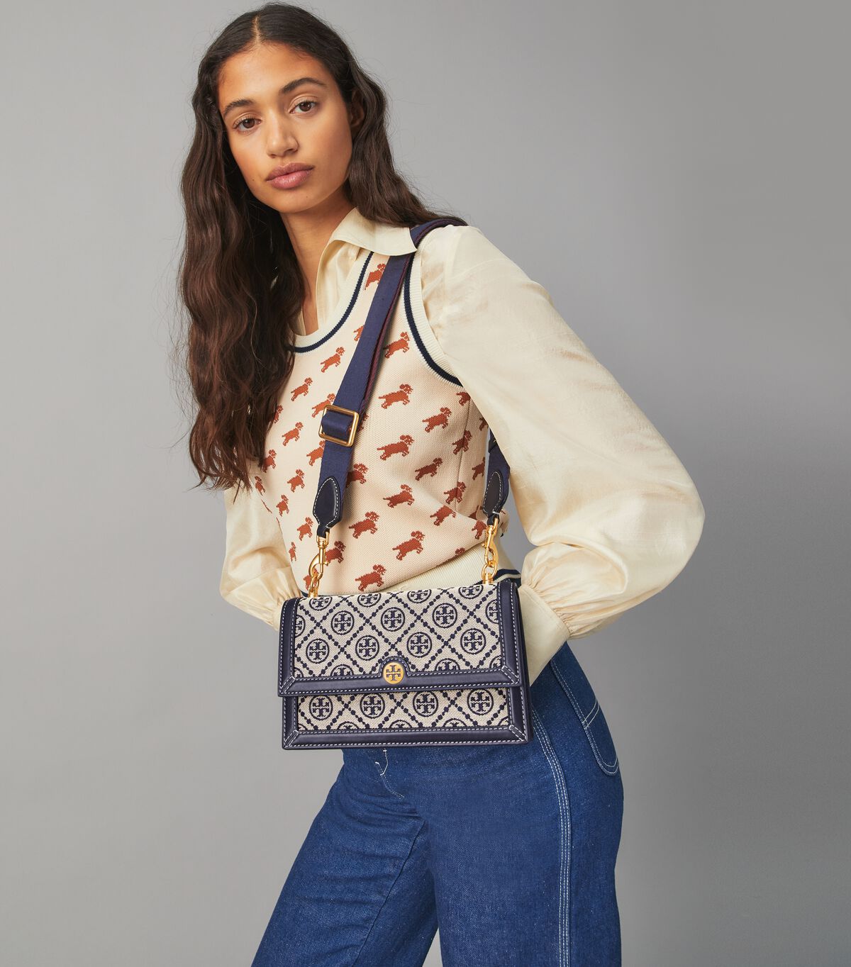 Tory Burch Navy T Monogram Shoulder Bags