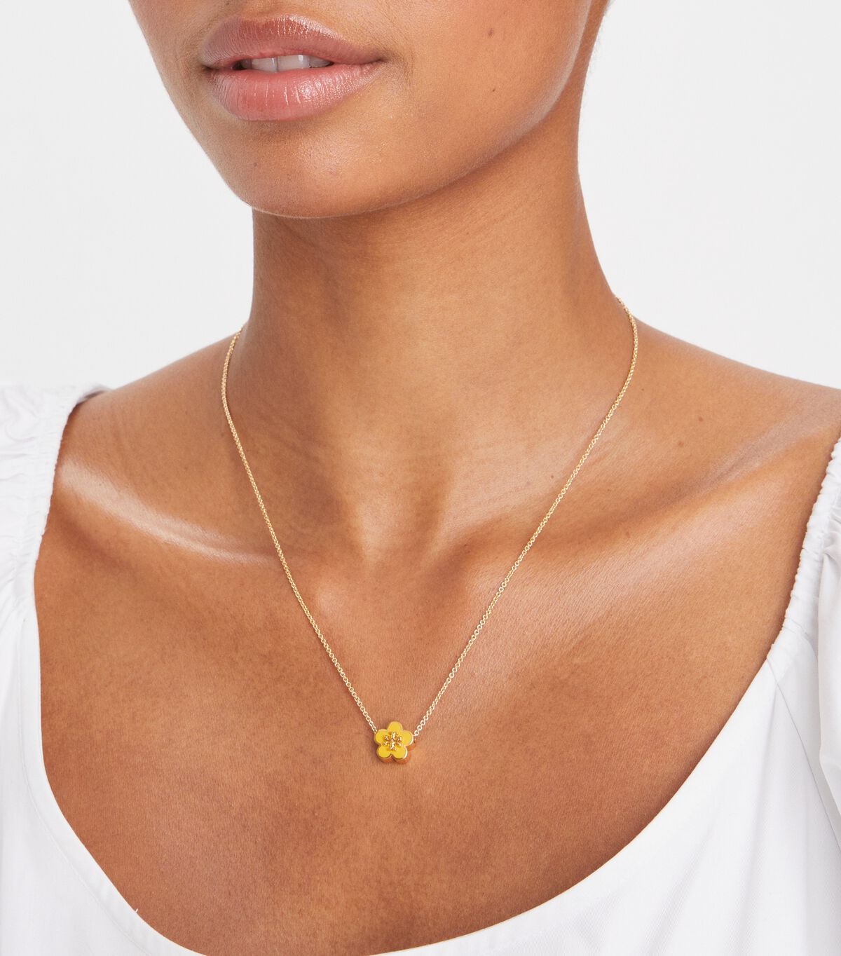 Tory Burch Gold / Yellow Kira Enamel Flower Pendant Necklace