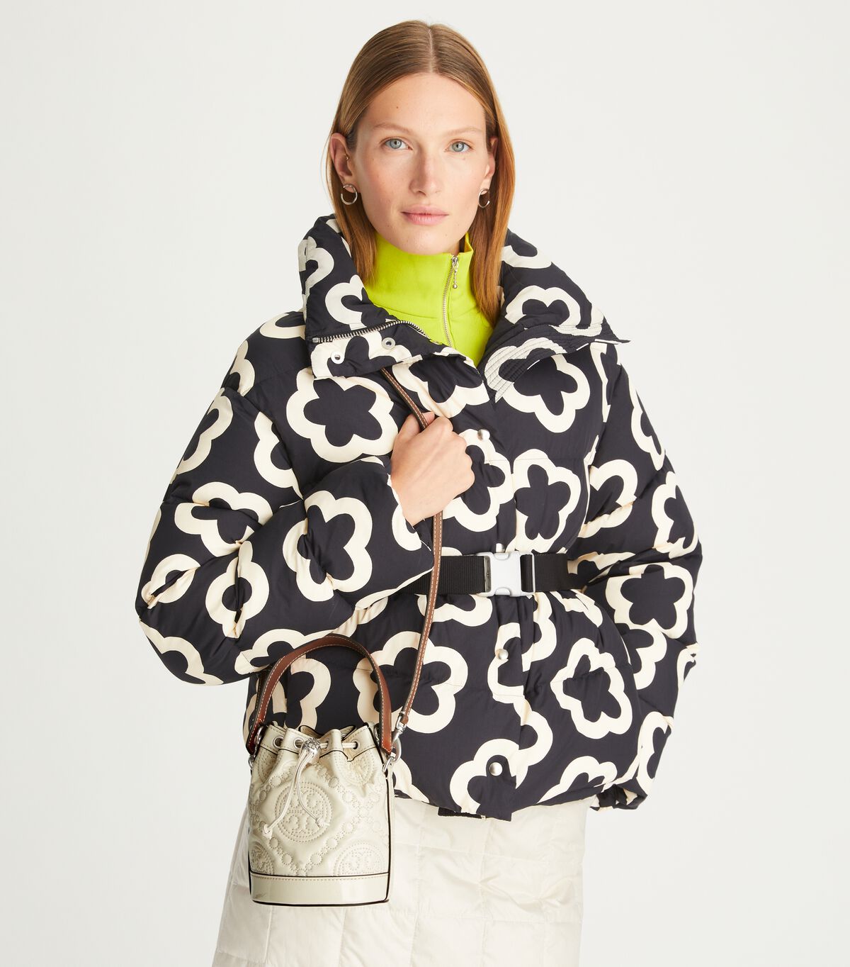 Tory Burch Light Cream Mini T Monogram Embroidered Patent Bucket Bags