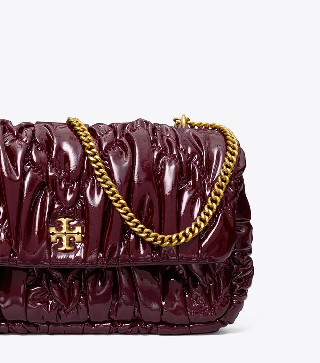 Tory Burch Burgundy Mini Kira Patent Ruched Shoulder Bags