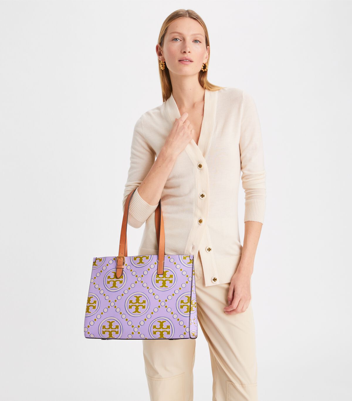 Tory Burch Lavender / White Small T Monogram Tote Bags