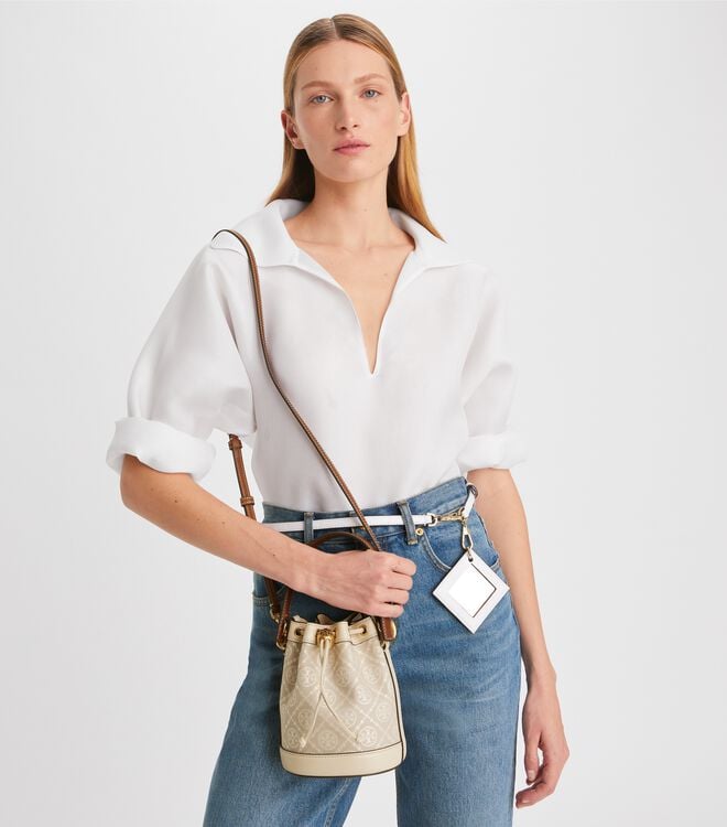Tory Burch Beige Mini T Monogram Bucket Bags