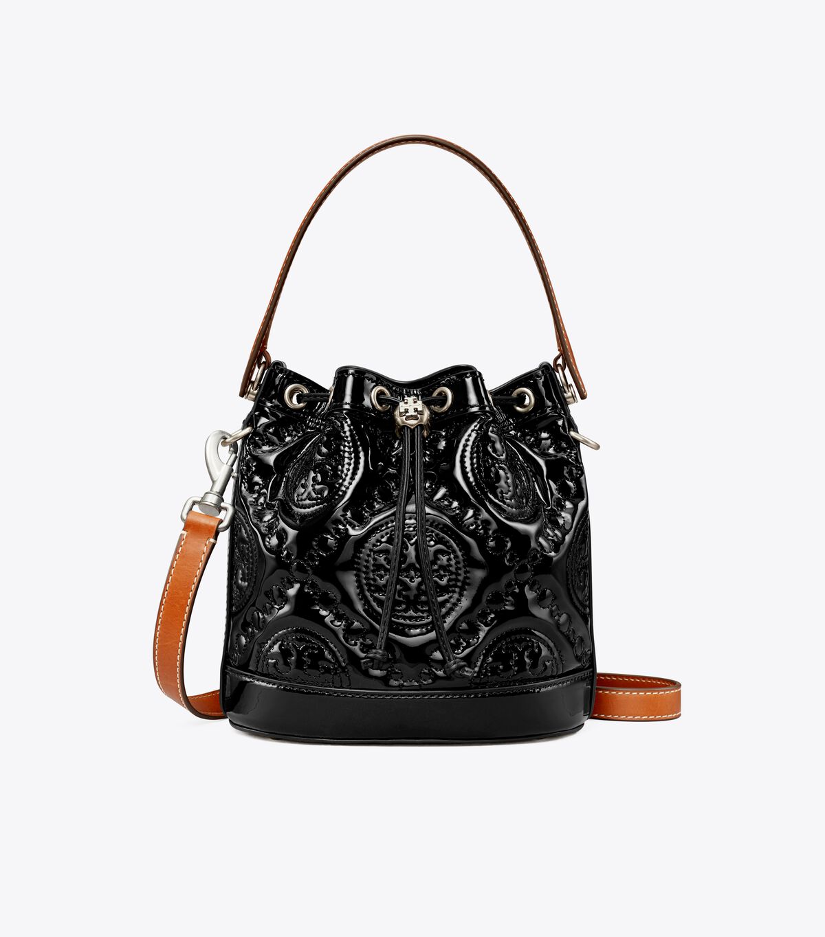 Tory Burch Black T Monogram Embroidered Patent Bucket Bags