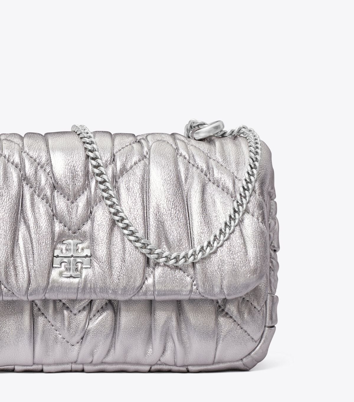 Tory Burch Silver Mini Kira Metallic Diamond Ruched Shoulder Bags