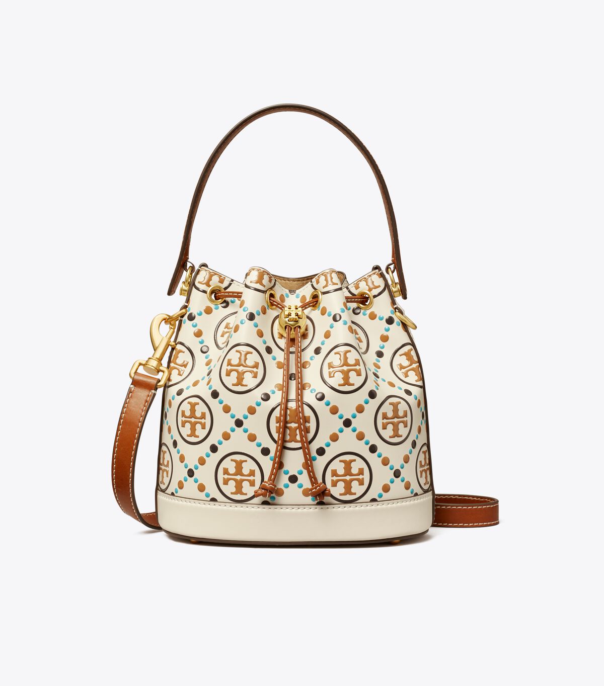 Tory Burch White T Monogram Contrast Embossed Bucket Bags