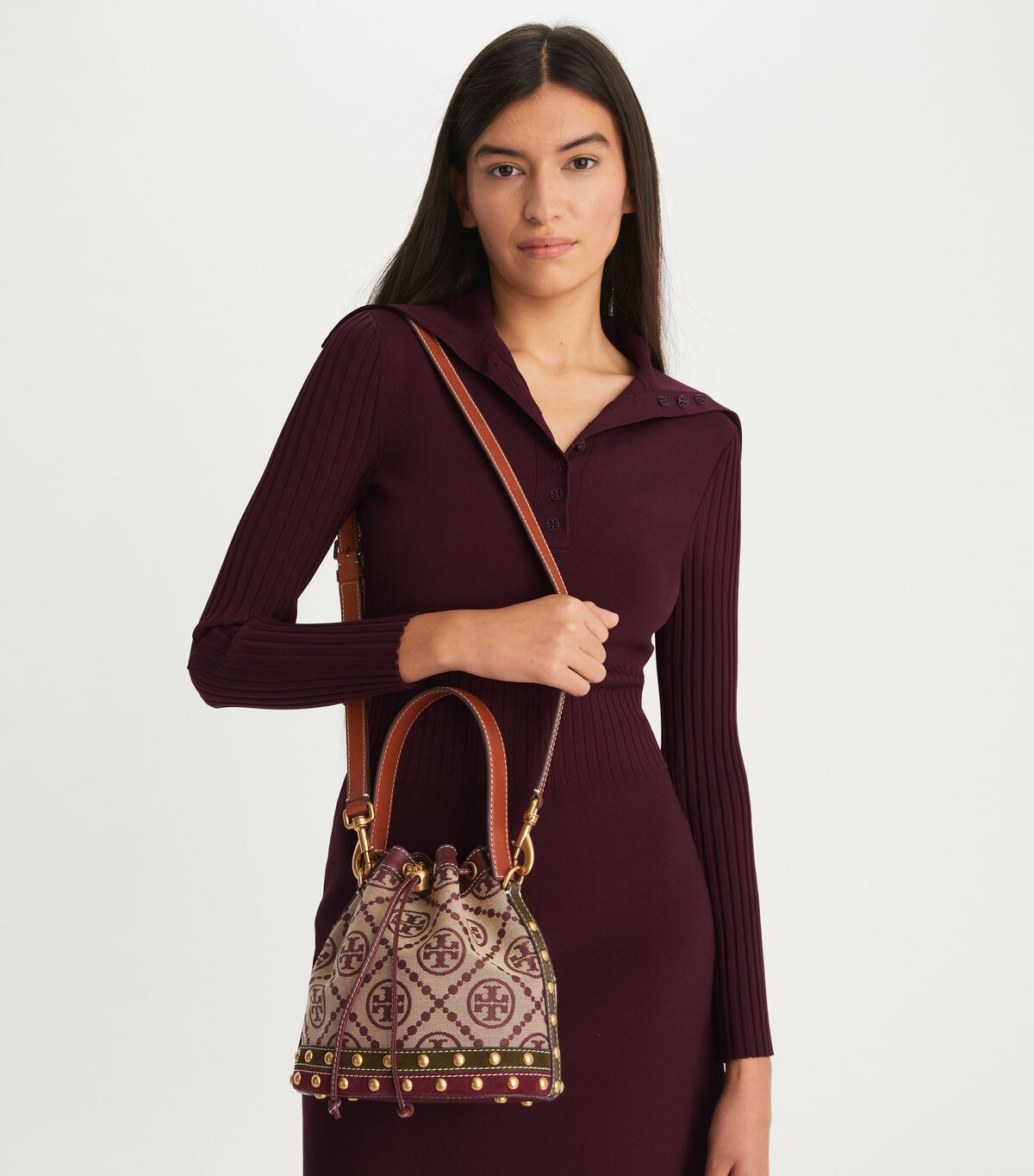 Tory Burch Claret T Monogram Jacquard Studded Bucket Bags