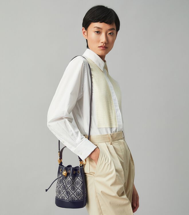 Tory Burch Navy Mini T Monogram Bucket Bags