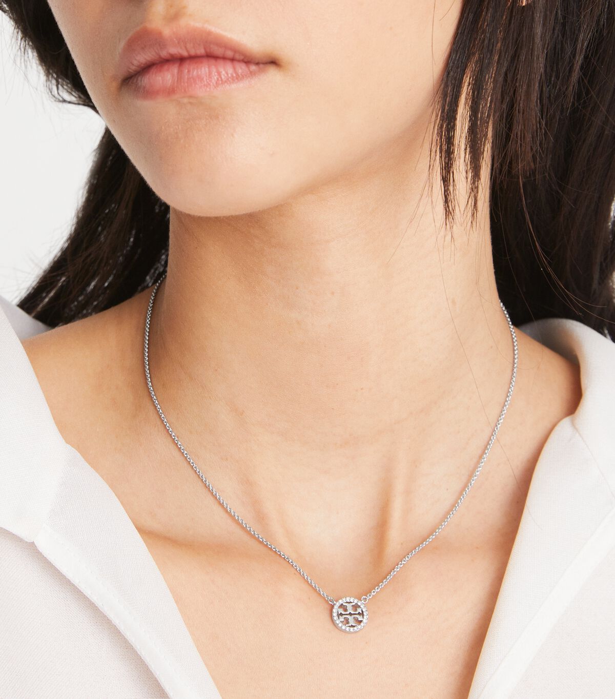 Tory Burch Silver / Olive Miller Pavé Logo Delicate Necklace