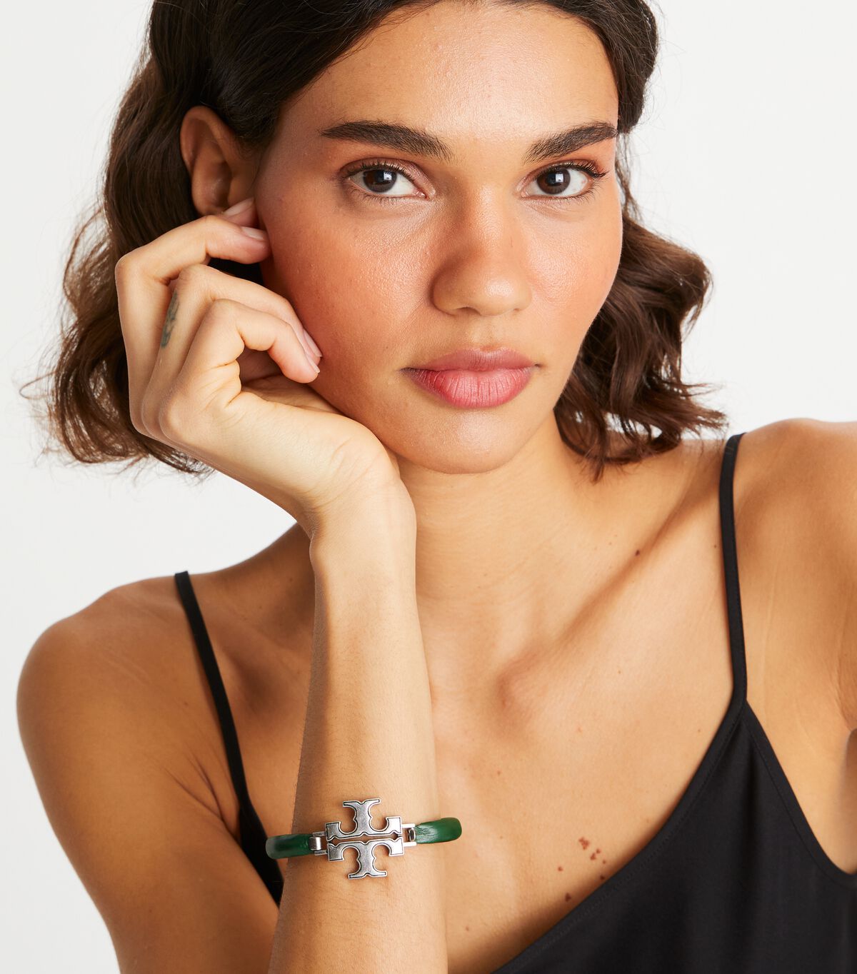 Tory Burch Silver / Dark Green Eleanor Leather Hinged Bracelet