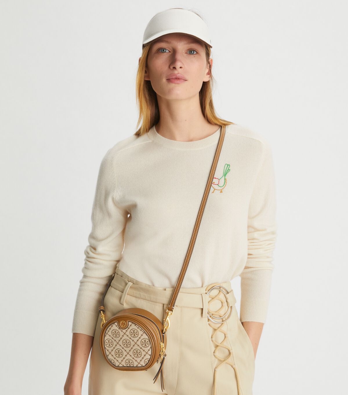 Tory Burch Brown T Monogram Jacquard Petite Moon Crossbody Bags