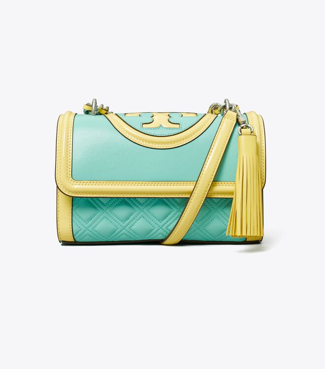 Tory Burch Turquoise / Lemon Small Fleming Patent Border Convertible Shoulder Bags