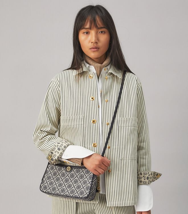 Tory Burch Navy T Monogram Jacquard Shoulder Bags