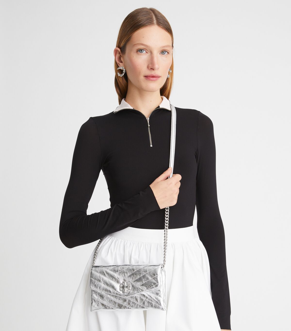 Tory Burch Silver Kira Chevron Metallic Pave Logo Crossbody Bags