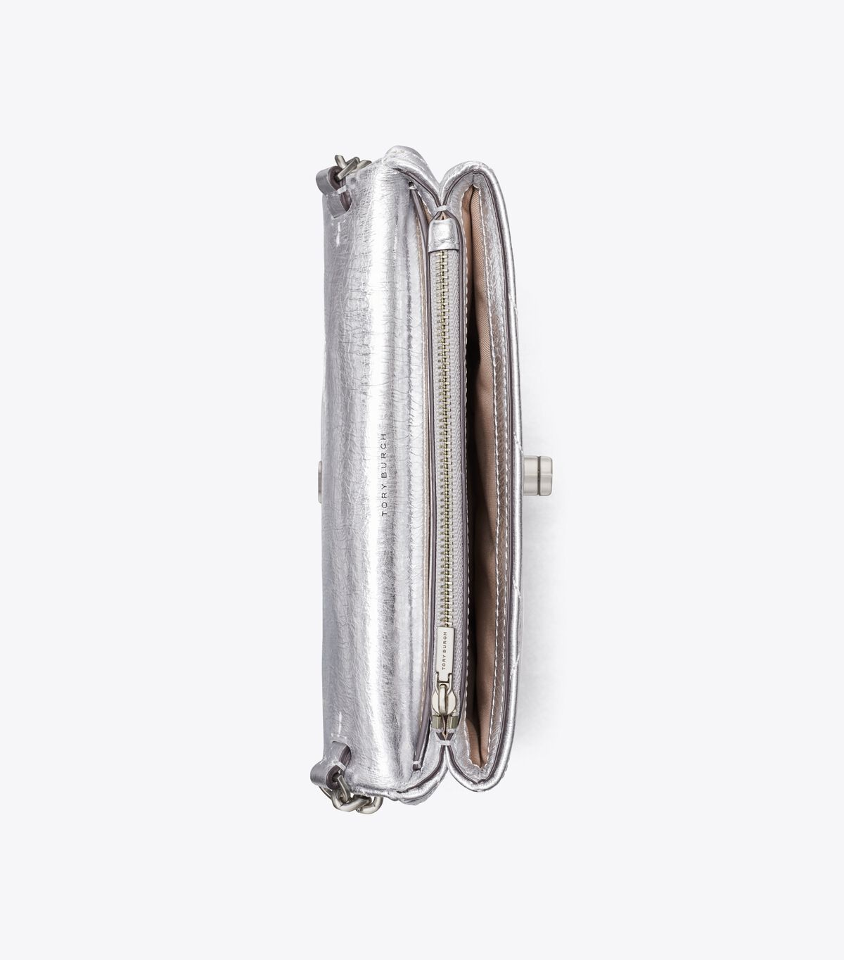 Tory Burch Silver Kira Chevron Metallic Pave Logo Crossbody Bags