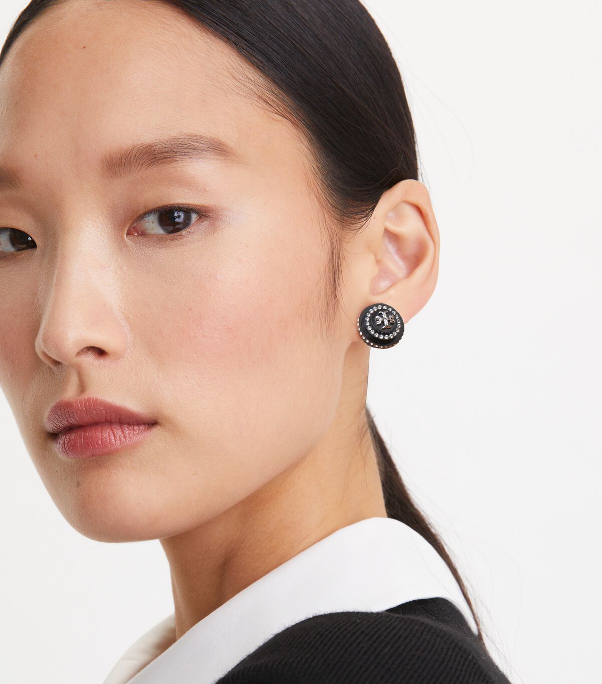 Tory Burch Black Silver Roxanne Crystal Resin Stud Earrings