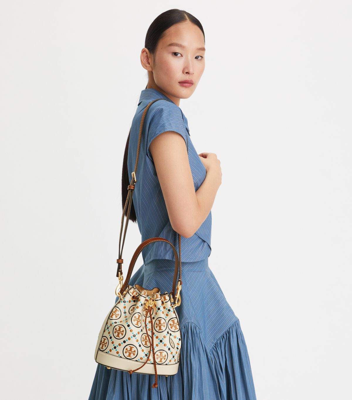 Tory Burch White T Monogram Contrast Embossed Bucket Bags