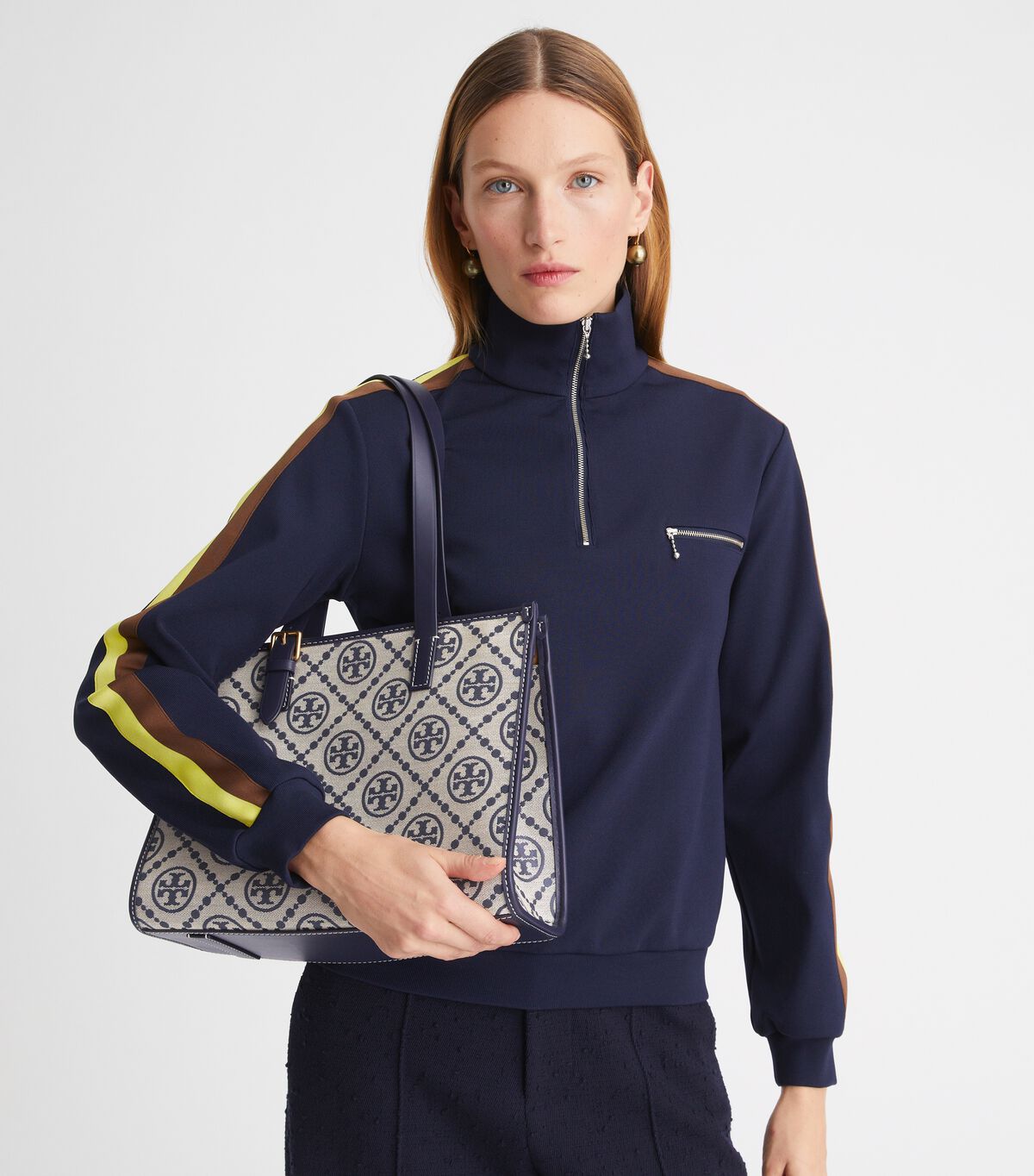 Tory Burch Navy Small T Monogram Tote Bags