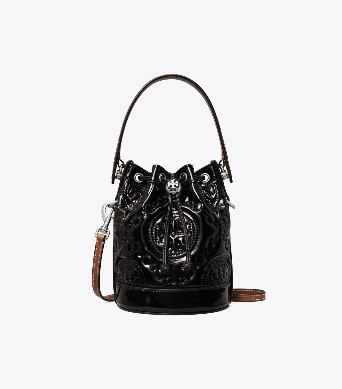 Tory Burch Black Mini T Monogram Embroidered Patent Bucket Bags